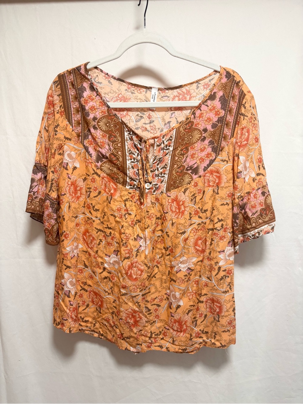 ePretty Floral Scoop-Neck Blouse in Mustard and Pink
